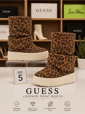 GUESS Leopard Print Platform Ankle Boots - Brown & Black